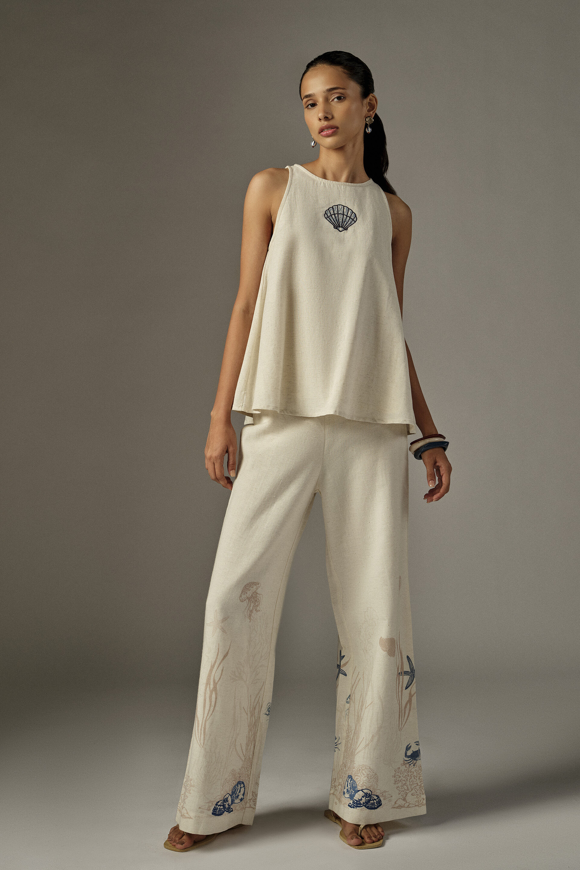 Seashell Embroidered Co-ord in Off White, Off White, image 1